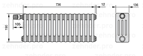 Схема (чертеж) Радиатор Zehnder Charleston 4019/16 №V012 Белый глянцевый RAL 9016